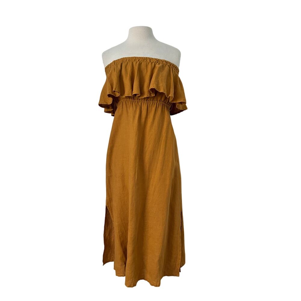 Faithful The Brand Mustard Strapless Ruffle Layered Maxi 100% Linen Dress Size 6